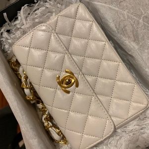 RARE Chanel Quilted Mini White Lambskin Leather